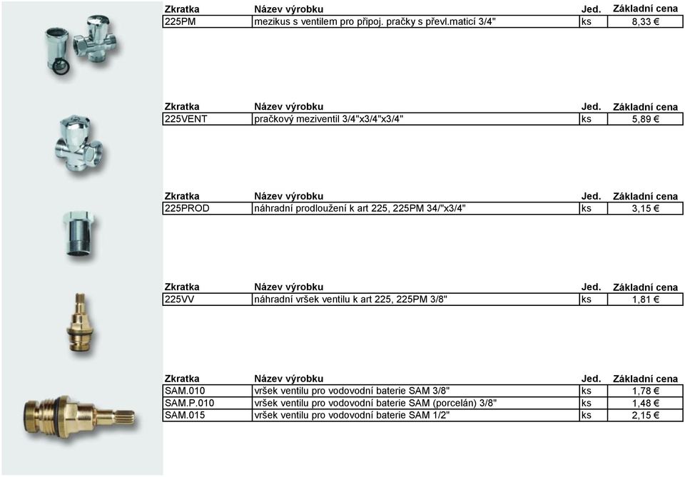 225PM 34/"x3/4" ks 3,15 225VV náhradní vršek ventilu k art 225, 225PM 3/8" ks 1,81 SAM.