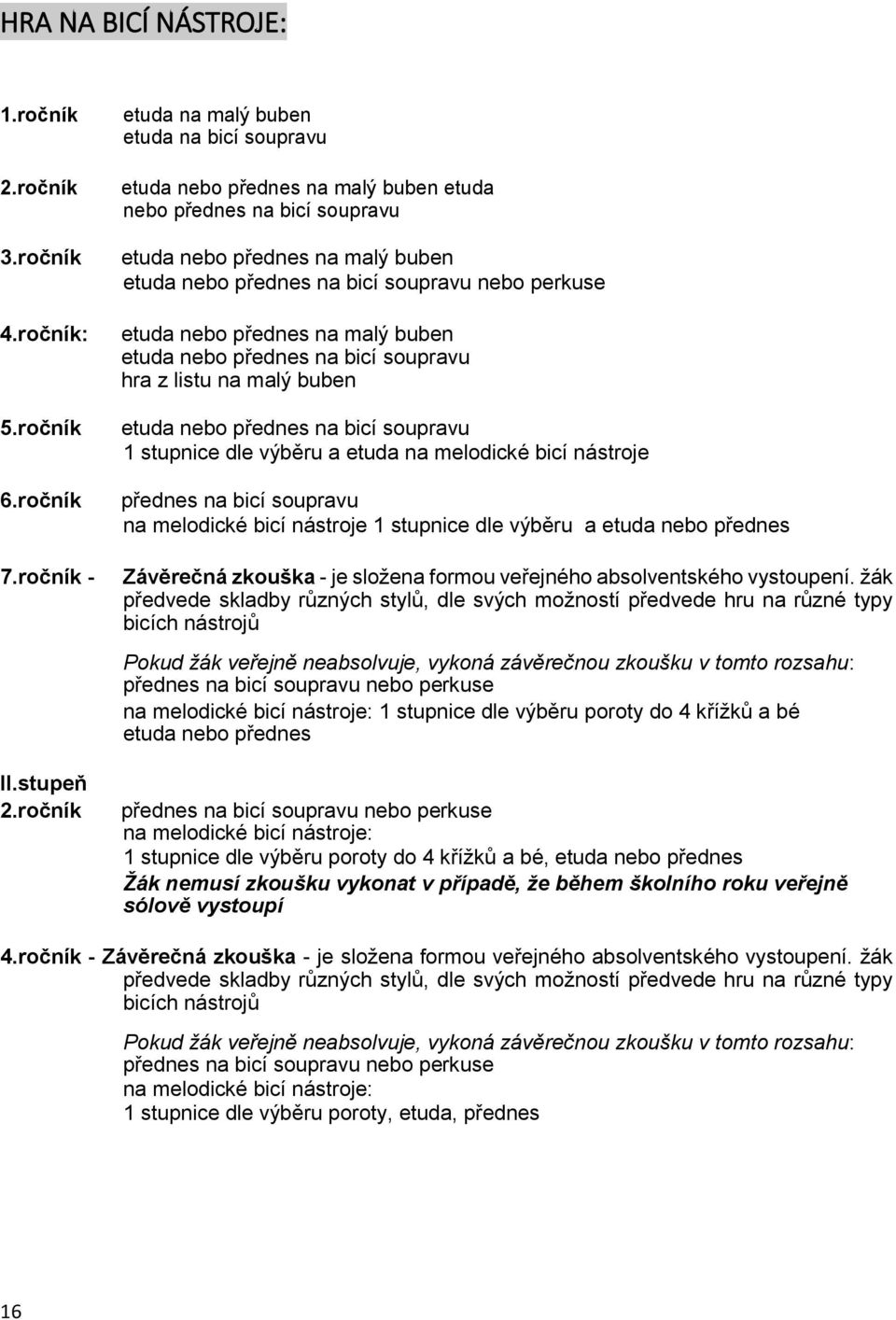 perkuse etuda nebo přednes na malý buben etuda nebo přednes na bicí soupravu hra z listu na malý buben etuda nebo přednes na bicí soupravu 1 stupnice dle výběru a etuda na melodické bicí nástroje