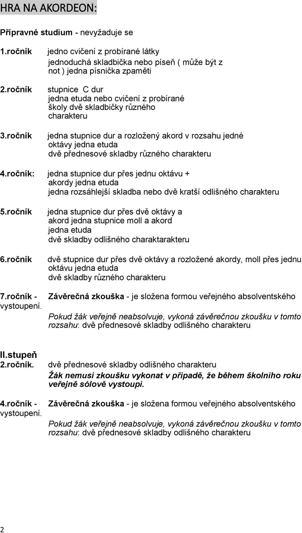 rozsáhlejší skladba nebo dvě kratší odlišného charakteru 6.ročník 7.ročník - vystoupení.