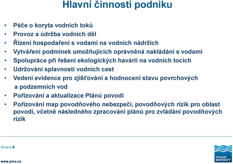 vodních cest Vedení evidence pro zjišťování a hodnocení stavu povrchových a podzemních vod Pořizování a aktualizace Plánů povodí