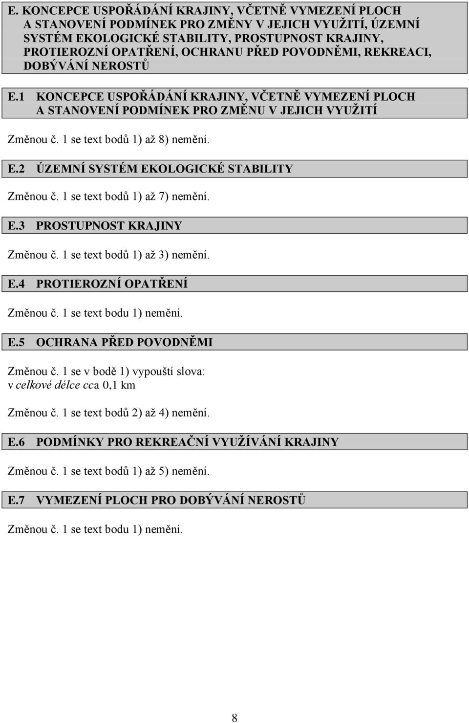 1 se text bodů 1) až 7) nemění. E.3 PROSTUPNOST KRAJINY Změnou č. 1 se text bodů 1) až 3) nemění. E.4 PROTIEROZNÍ OPATŘENÍ Změnou č. 1 se text bodu 1) nemění. E.5 OCHRANA PŘED POVODNĚMI Změnou č.