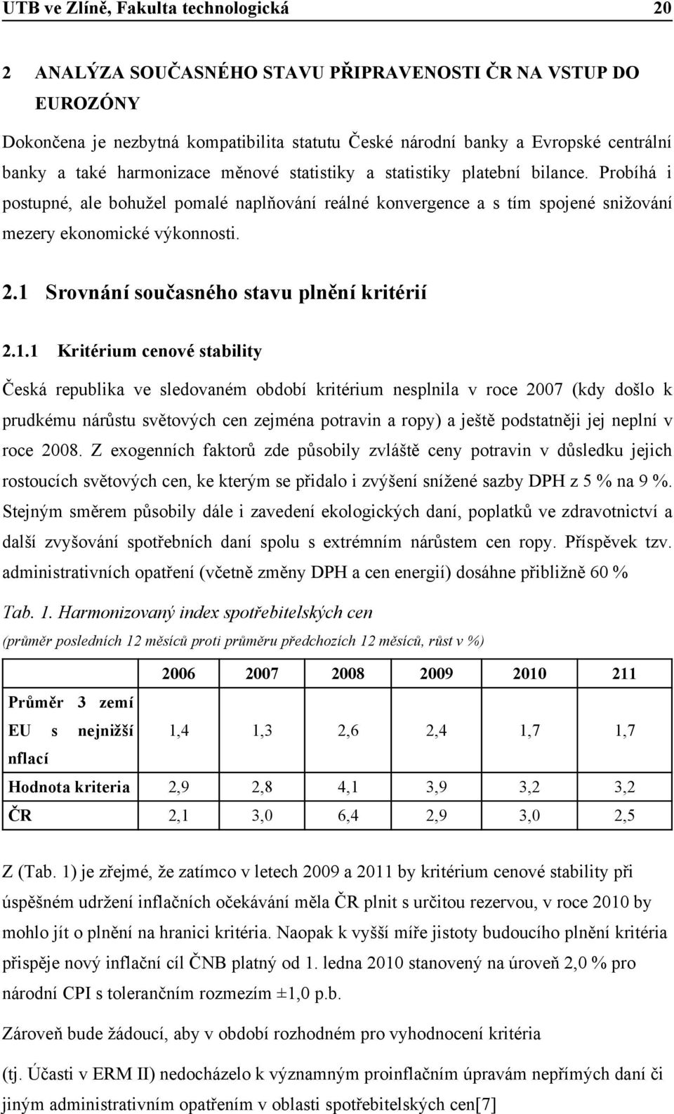 1 Srovnání současného stavu plnění kritérií 2.1.1 Kritérium cenové stability Česká republika ve sledovaném období kritérium nesplnila v roce 2007 (kdy došlo k prudkému nárůstu světových cen zejména