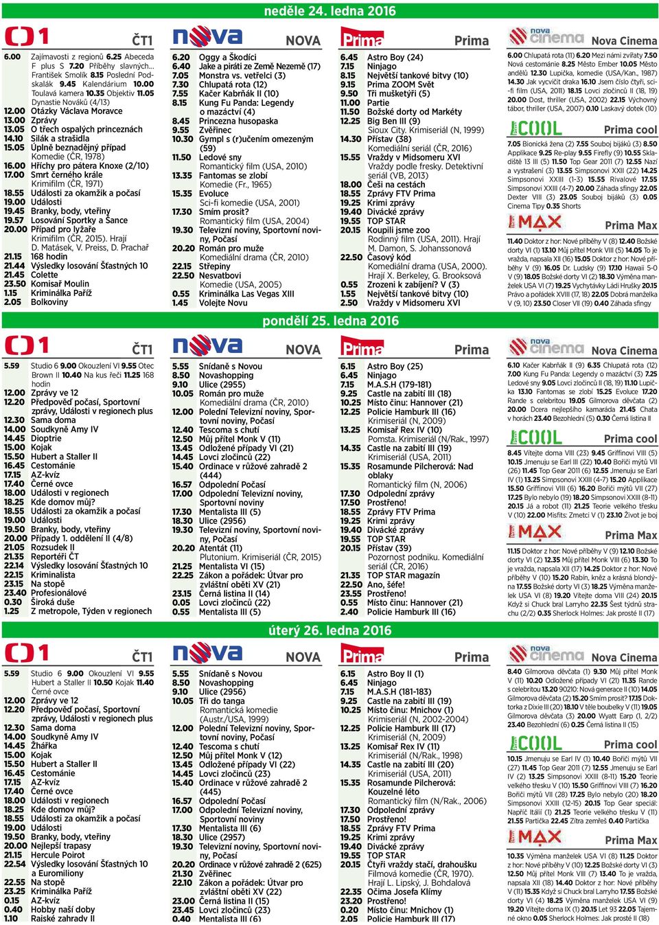 00 Hříchy pro pátera Knoxe (2/10) 17.00 Smrt černého krále Krimifilm (ČR, 1971) 18.55 Události za okamžik apočasí 19.00 Události 19.45 Branky, body, vteřiny 19.57 Losování Sportky ašance 20.