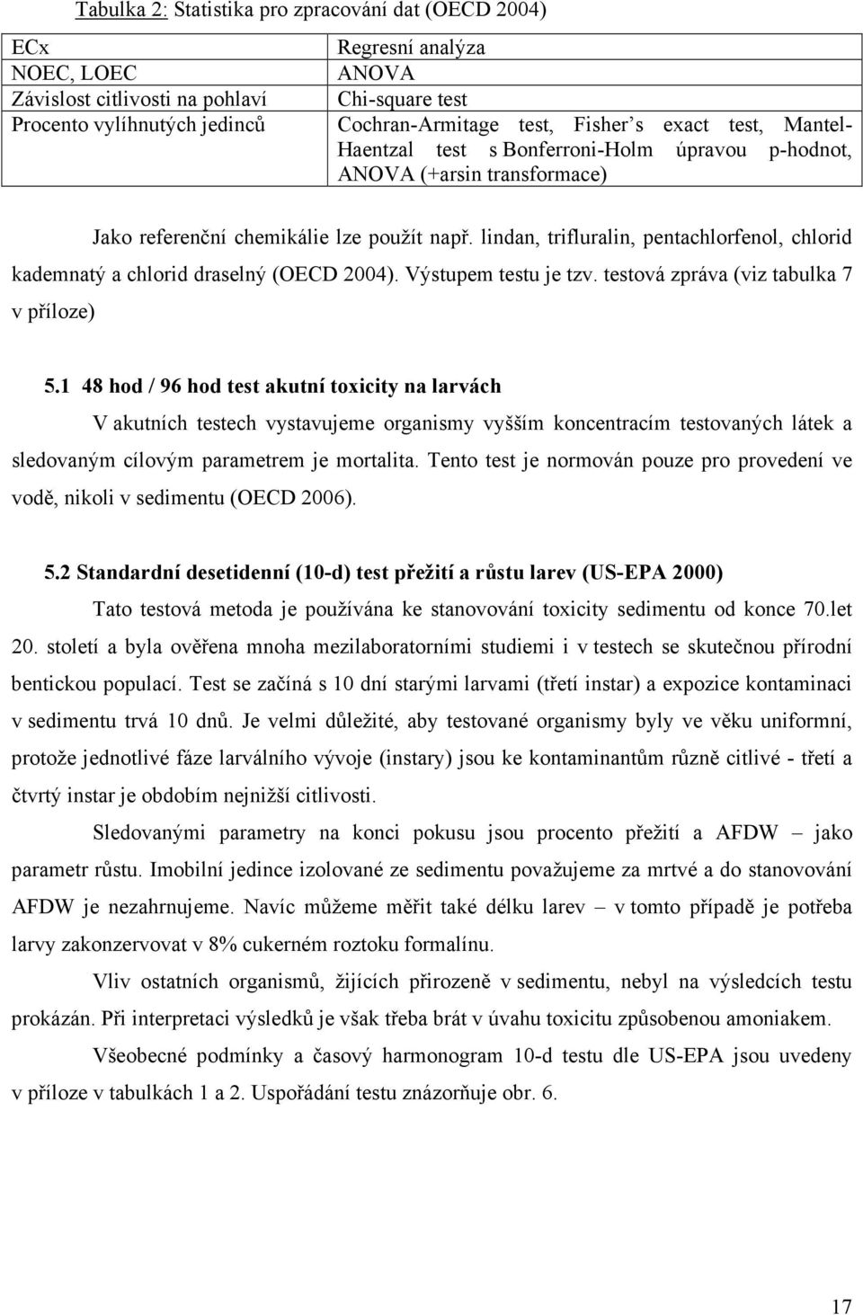 lindan, trifluralin, pentachlorfenol, chlorid kademnatý a chlorid draselný (OECD 2004). Výstupem testu je tzv. testová zpráva (viz tabulka 7 v příloze) 5.