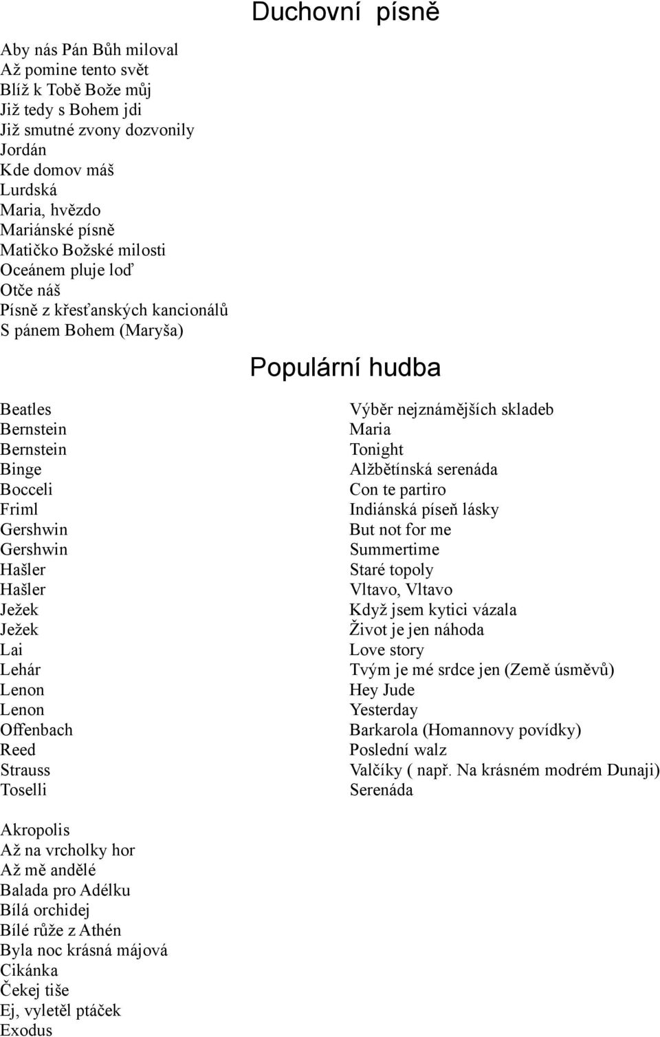 Offenbach Reed Strauss Toselli Duchovní písně Populární hudba Výběr nejznámějších skladeb Maria Tonight Alžbětínská serenáda Con te partiro Indiánská píseň lásky But not for me Summertime Staré