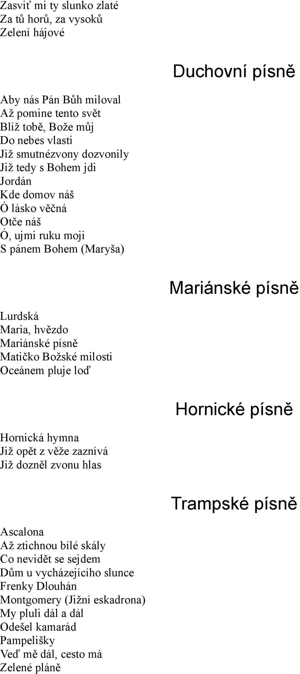 Mariánské písně Matičko Božské milosti Oceánem pluje loď Hornické písně Hornická hymna Již opět z věže zaznívá Již dozněl zvonu hlas Trampské písně Ascalona Až ztichnou