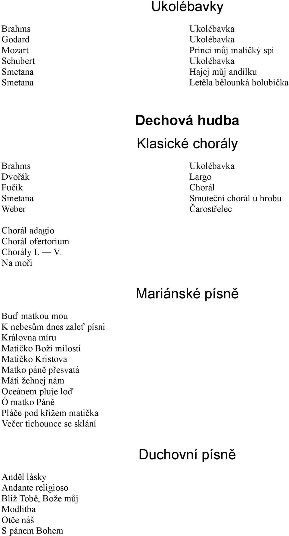 Na moři Mariánské písně Buď matkou mou K nebesům dnes zaleť písni Královna míru Matičko Boží milosti Matičko Kristova Matko páně přesvatá Máti