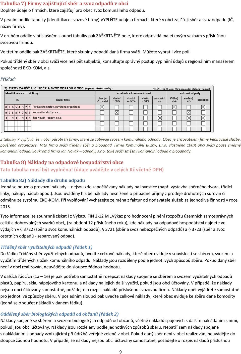 V druhém oddíle v příslušném sloupci tabulky pak ZAŠKRTNĚTE pole, které odpovídá majetkovým vazbám s příslušnou svozovou firmou. Ve třetím oddíle pak ZAŠKRTNĚTE, které skupiny odpadů daná firma sváží.