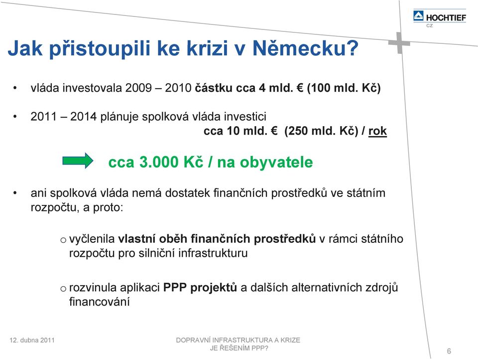 000 Kč / na obyvatele ani spolková vláda nemá dostatek finančních prostředků ve státním rozpočtu, a proto: o