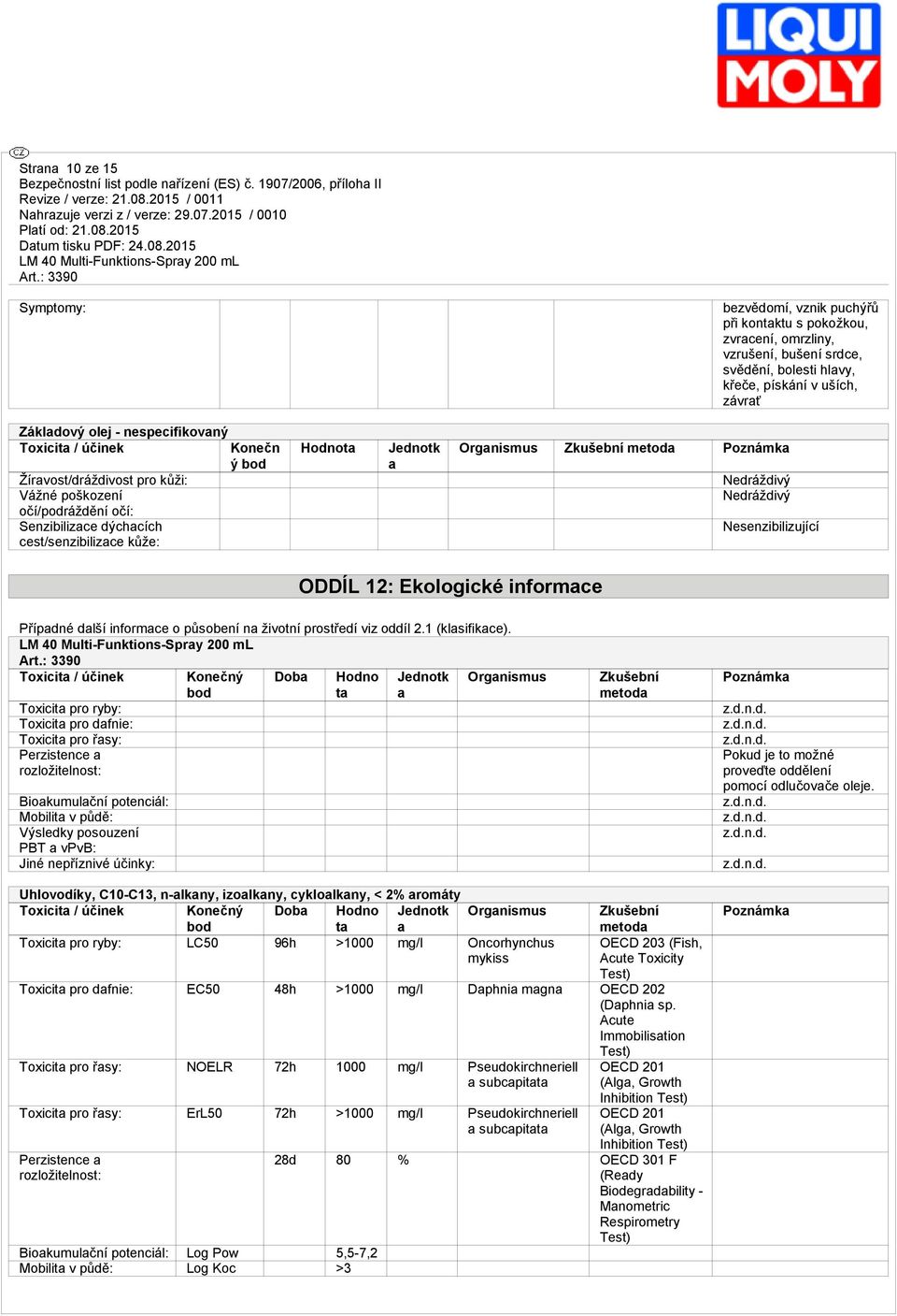 Nedráždivý Nesenzibilizující ODDÍL 12: Ekologické informce Přípdné dlší informce o působení n životní prostředí viz oddíl 2.1 (klsifikce).