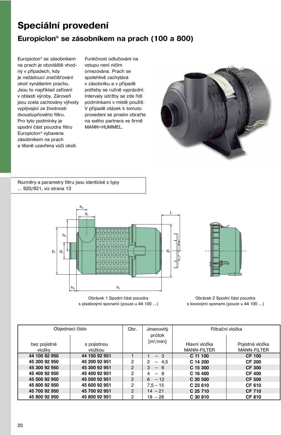 Pro tyto podmínky je spodní část pouzdra filtru Europiclon vybavena zásobníkem na prach a těsně uzavřena vůči okolí. Funkčnost odlučování na vstupu není ničím omezována.