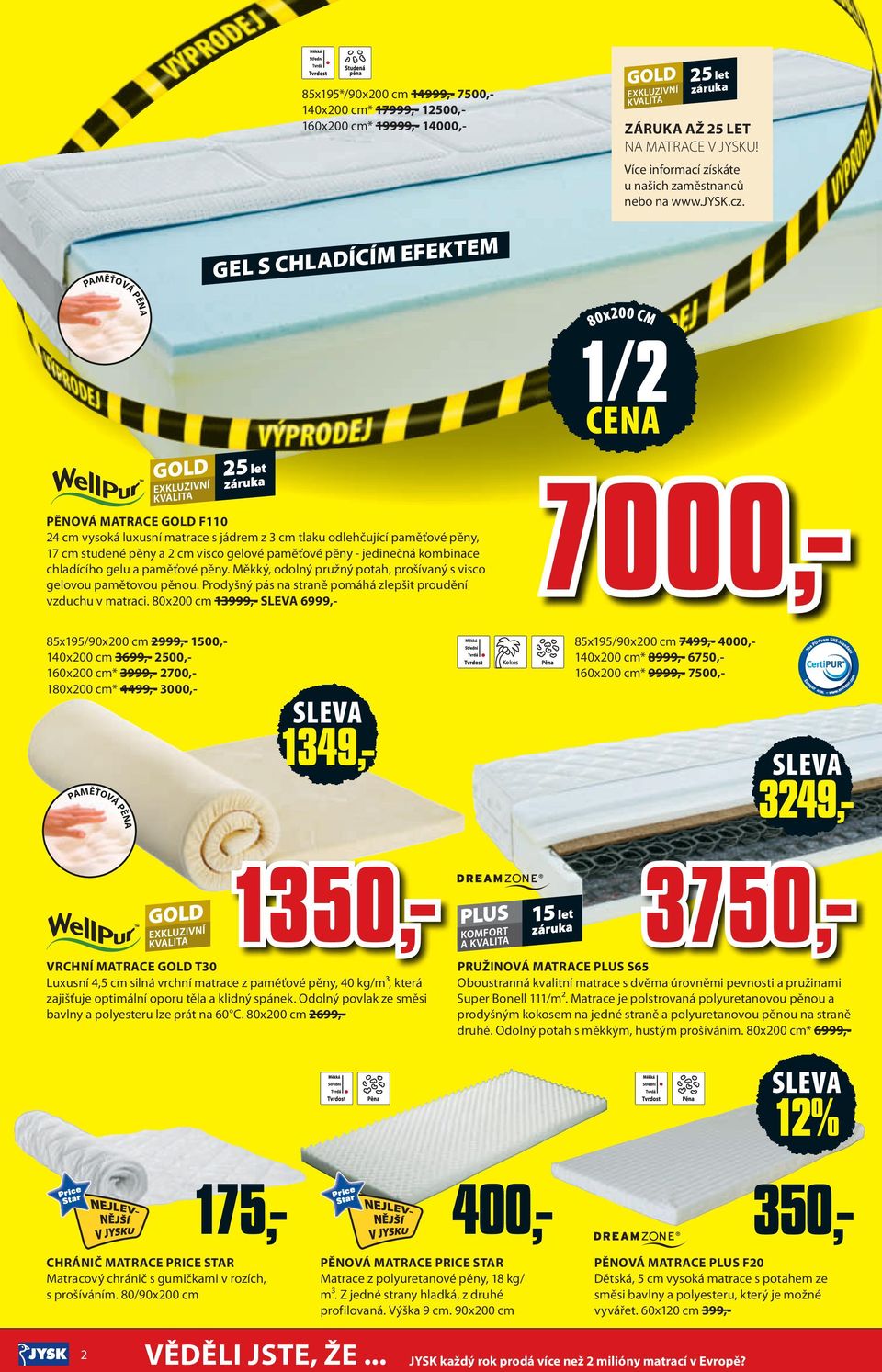 GEL S CHLADÍCÍM EFEKTEM PAMĚŤOVÁ PĚNA 80x200 CM 1/2 CENA PĚNOVÁ MATRACE GOLD F110 24 cm vysoká luxusní matrace s jádrem z 3 cm tlaku odlehčující paměťové pěny, 17 cm studené pěny a 2 cm visco gelové