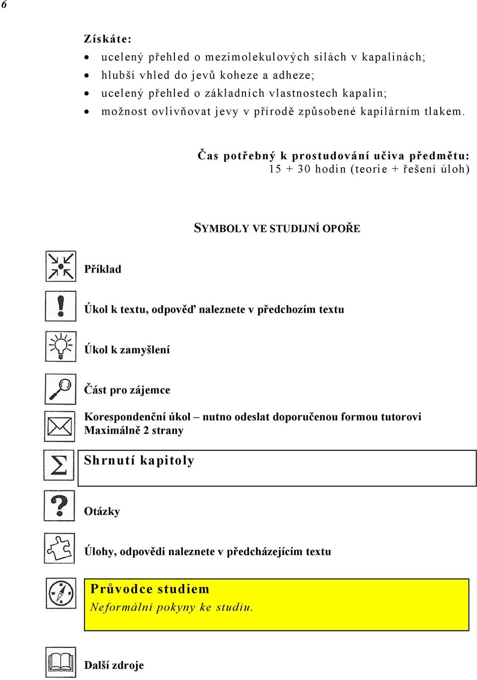 Čas potřebný k prostudování učiva předmětu: 15 + 30 hodin (teorie + řešení úloh) SYMBOLY VE STUDIJNÍ OPOŘE Příklad Úkol k textu, odpověď naleznete v