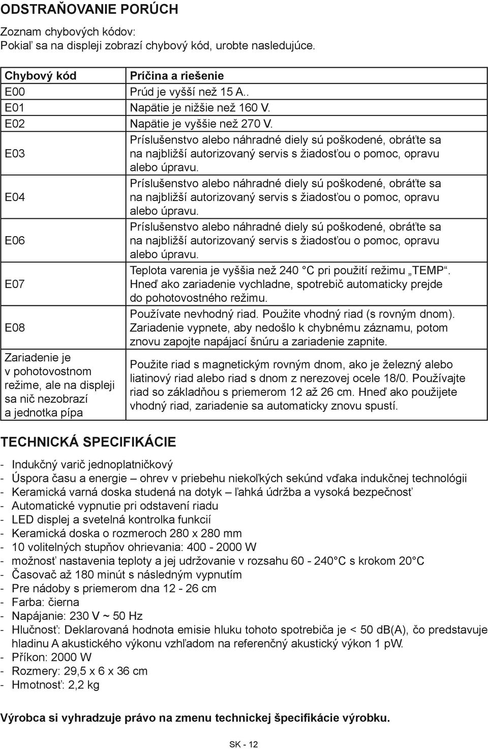 Príslušenstvo alebo náhradné diely sú poškodené, obráťte sa E04 na najbližší autorizovaný servis s žiadosťou o pomoc, opravu alebo úpravu.