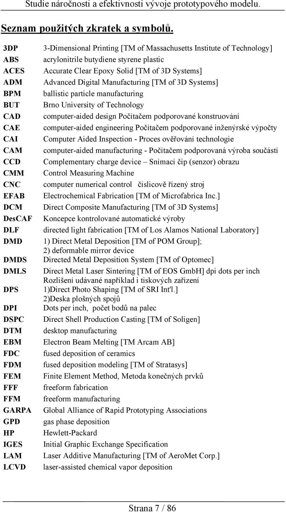 Institute of Technology] acrylonitrile butydiene styrene plastic Accurate Clear Epoxy Solid [TM of 3D Systems] Advanced Digital Manufacturing [TM of 3D Systems] ballistic particle manufacturing Brno