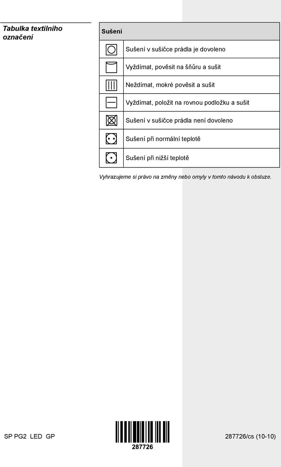 Sušení v sušičce prádla není dovoleno Sušení při normální teplotě Sušení při nižší teplotě