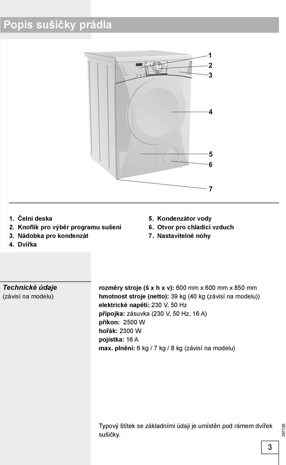 Nastavitelné nohy Technické údaje (závisí na modelu) rozměry stroje (š x h x v): 600 mm x 600 mm x 850 mm hmotnost stroje (netto): 39 kg (40