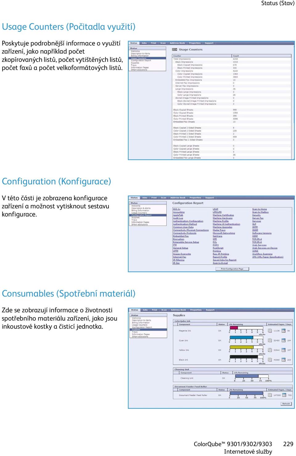 Configuration (Konfigurace) V této části je zobrazena konfigurace zařízení a možnost vytisknout sestavu konfigurace.