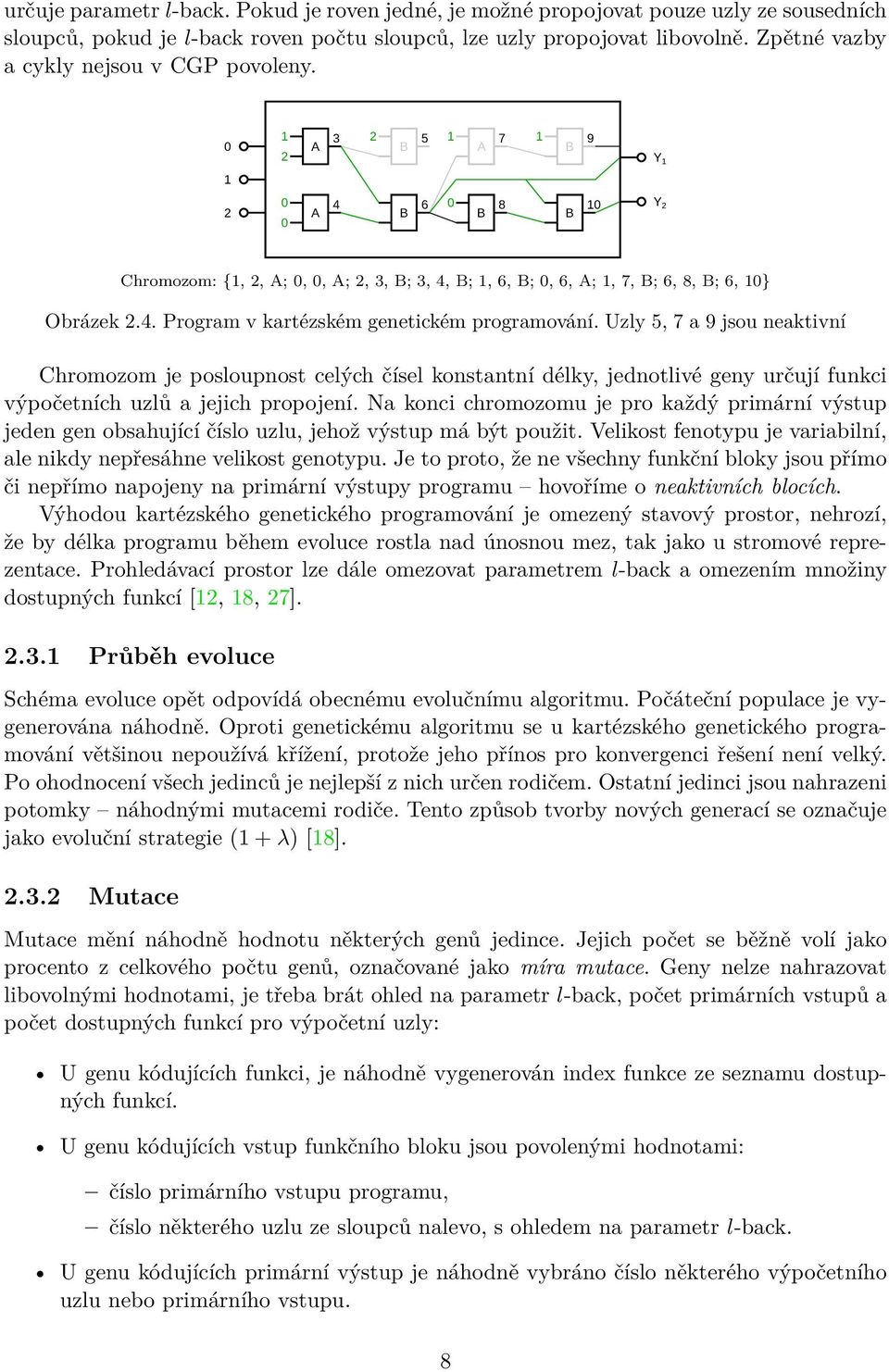 Uzly, 7 a 9 jsou neaktivní Chromozom je posloupnost celých čísel konstantní délky, jednotlivé geny určují funkci výpočetních uzlů a jejich propojení.