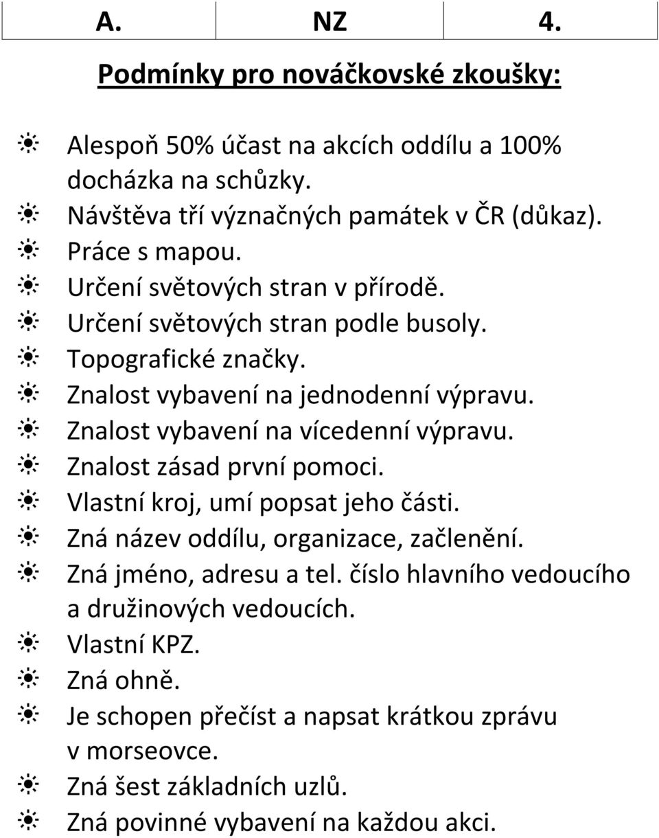 M Znalost vybavení na vícedenní výpravu. M Znalost zásad první pomoci. M Vlastní kroj, umí popsat jeho části. M Zná název oddílu, organizace, začlenění.