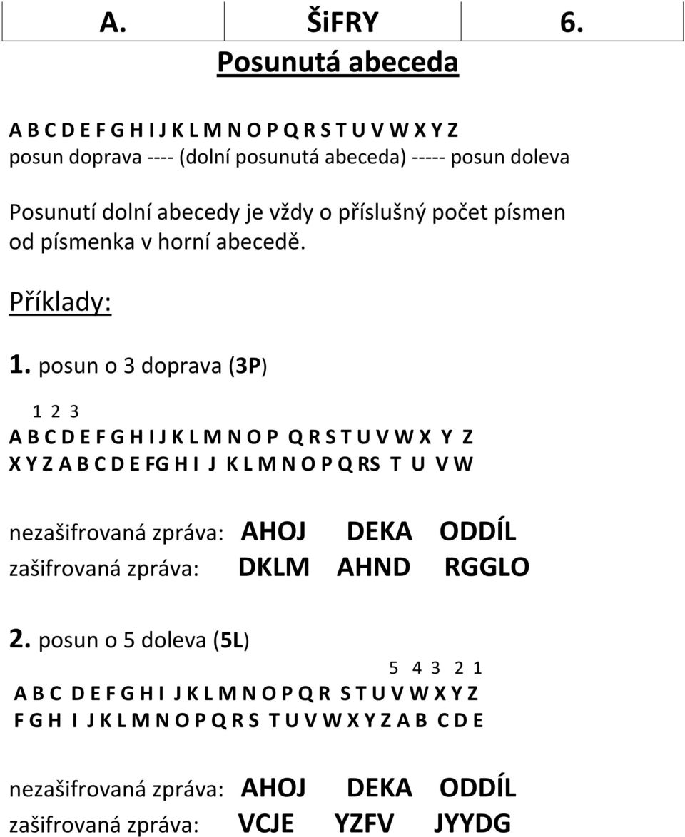 příslušný počet písmen od písmenka v horní abecedě. Příklady: 1.