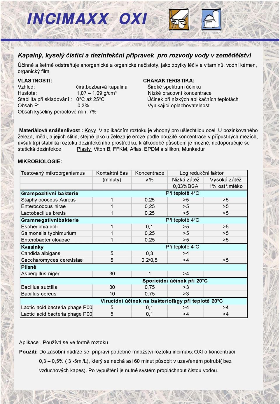 Vzhled: čirá,bezbarvá kapalina Široké spektrum účinku Hustota: 1,07 1,09 g/cm³ Nízké pracovní koncentrace Stabilita při skladování : 0 C až 25 C Účinek při nízkých aplikačních teplotách Obsah P: 0,3%