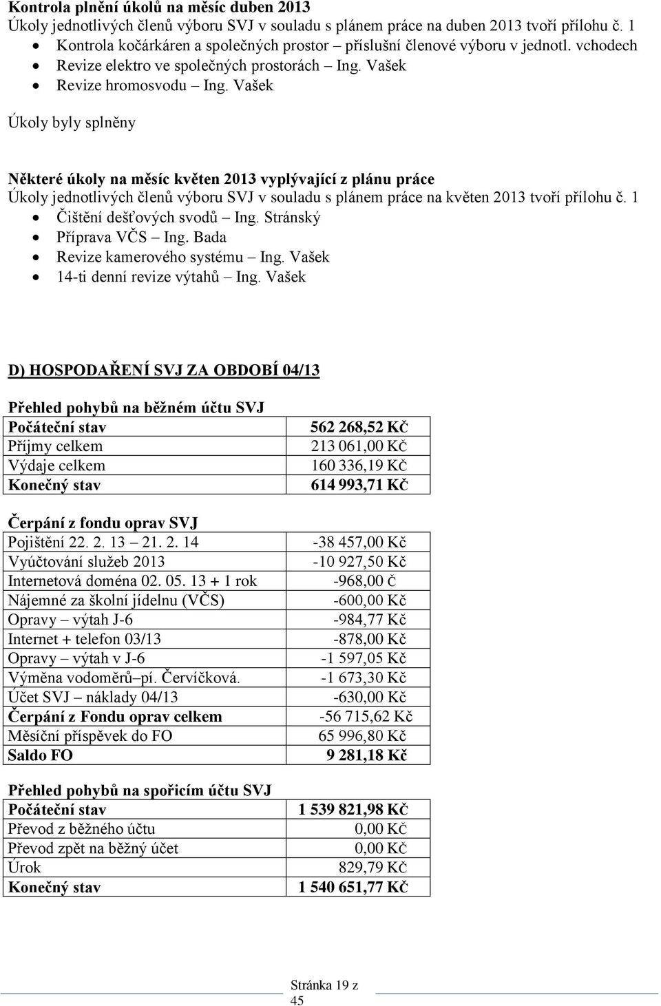 Vašek Úkoly byly splněny Některé úkoly na měsíc květen 2013 vyplývající z plánu práce Úkoly jednotlivých členů výboru SVJ v souladu s plánem práce na květen 2013 tvoří přílohu č.