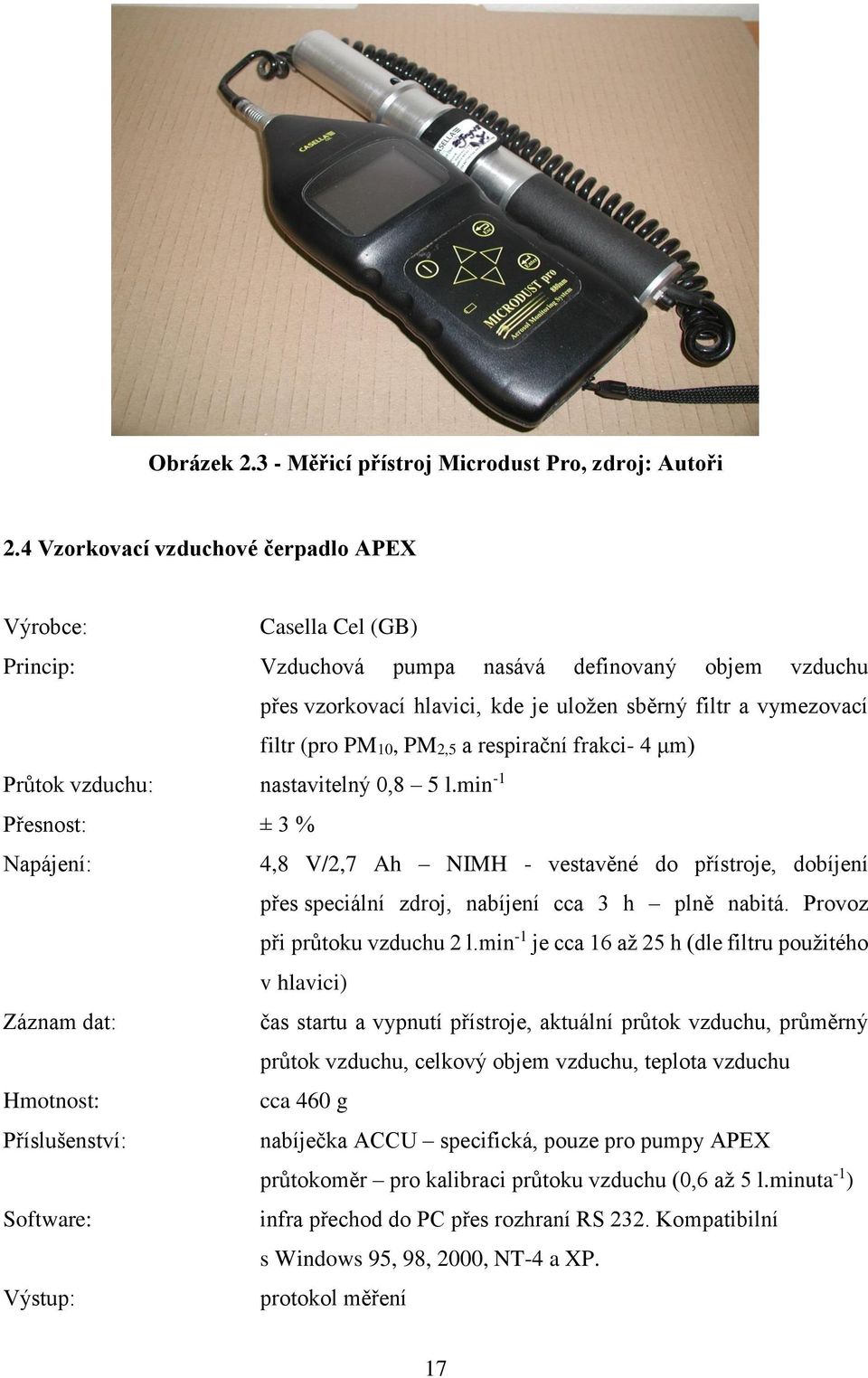 PM10, PM2,5 a respirační frakci- 4 μm) Průtok vzduchu: nastavitelný 0,8 5 l.