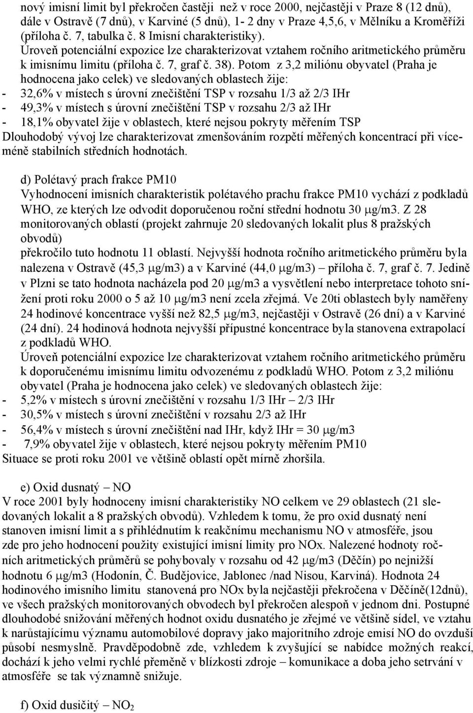 Potom z 3,2 miliónu obyvatel (Praha je hodnocena jako celek) ve sledovaných oblastech žije: - 32,6% v místech s úrovní znečištění TSP v rozsahu 1/3 až 2/3 IHr - 49,3% v místech s úrovní znečištění