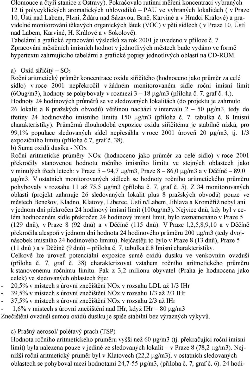 Hradci Králové) a pravidelné monitorování těkavých organických látek (VOC) v pěti sídlech ( v Praze 10, Ústí nad Labem, Karviné, H. Králové a v Sokolově).