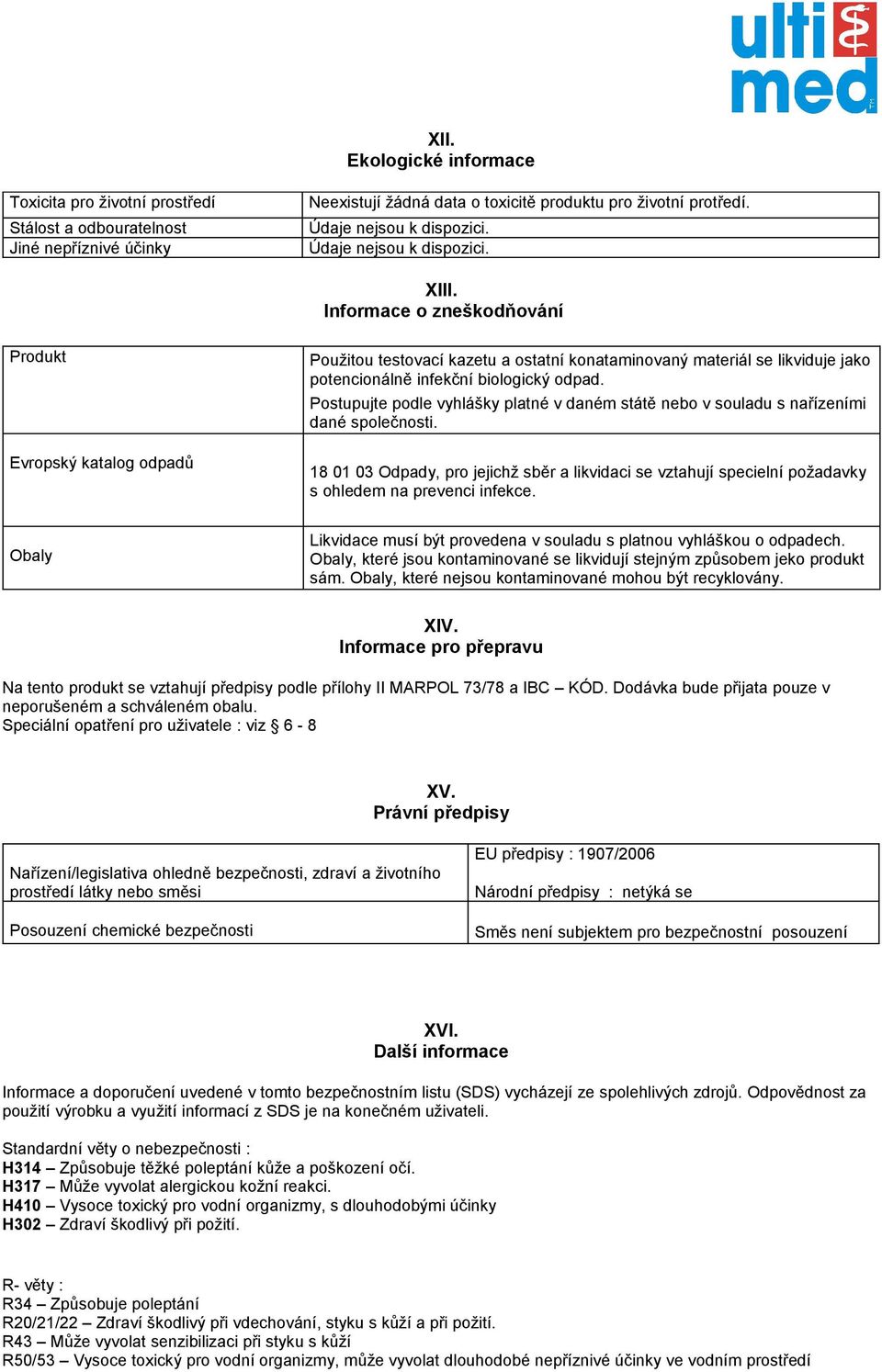 Informace o zneškodňování Produkt Evropský katalog odpadů Použitou testovací kazetu a ostatní konataminovaný materiál se likviduje jako potencionálně infekční biologický odpad.