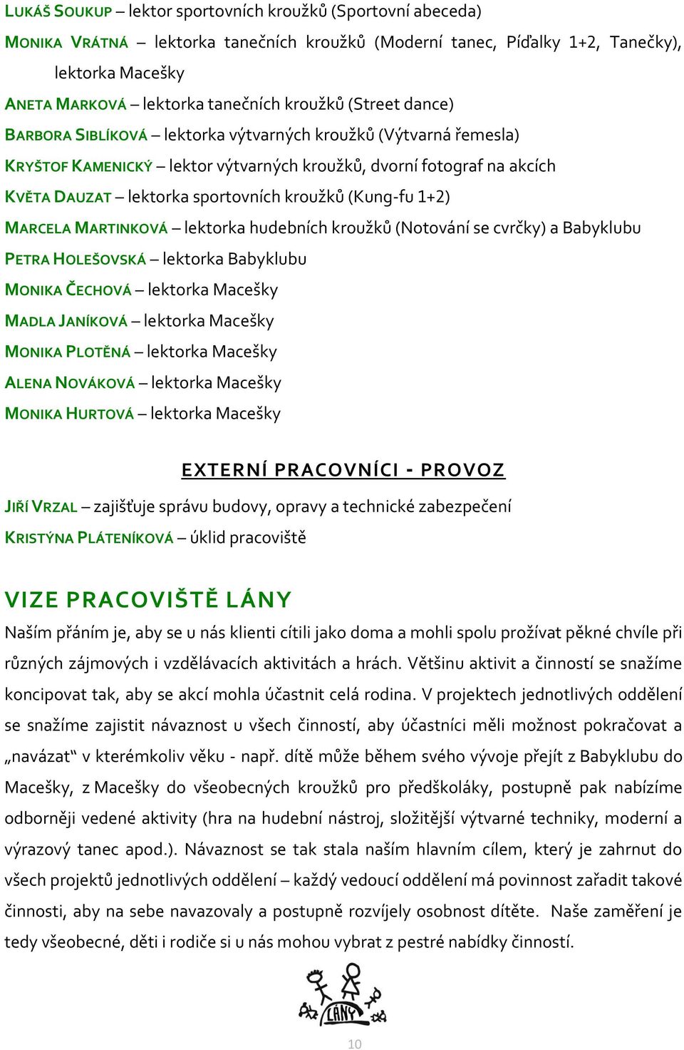 (Kung-fu 1+2) MARCELA MARTINKOVÁ lektorka hudebních kroužků (Notování se cvrčky) a Babyklubu PETRA HOLEŠOVSKÁ lektorka Babyklubu MONIKA ČECHOVÁ lektorka Macešky MADLA JANÍKOVÁ lektorka Macešky MONIKA