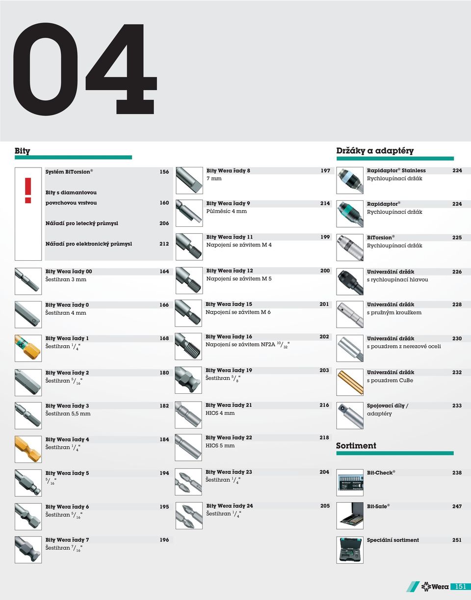 Napojení se závitem M 4 199 Nářadí pro elektronický průmysl BiTorsion Rychloupínací držák 2 Bity Wera řady 00 Šestihran 3 164 Bity Wera řady 12 Napojení se závitem M 5 200 Univerzální držák s