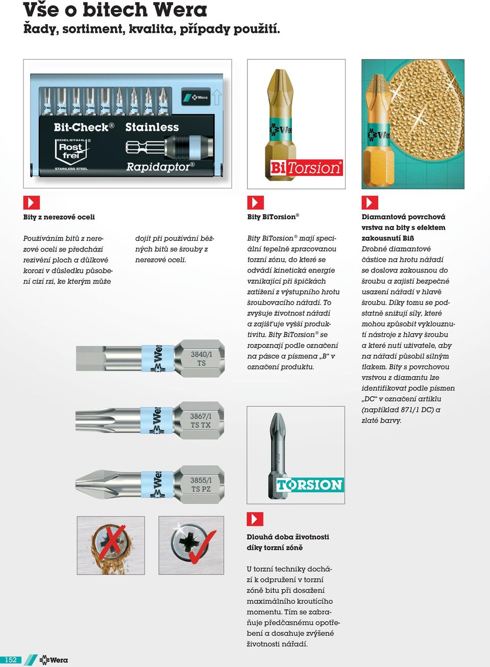 šrouby z nerezové oceli. Bity BiTorsion mají speciální tepelně zpracovanou torzní zónu, do které se odvádí kinetická energie vznikající při špičkách zatížení z výstupního hrotu šroubovacího nářadí.