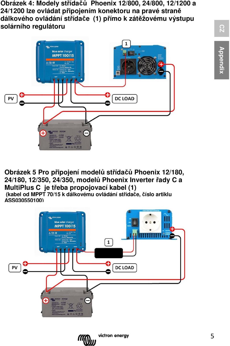Pro připojení modelů střídačů Phoenix 12/180, 24/180, 12/350, 24/350, modelů Phoenix Inverter řady C a