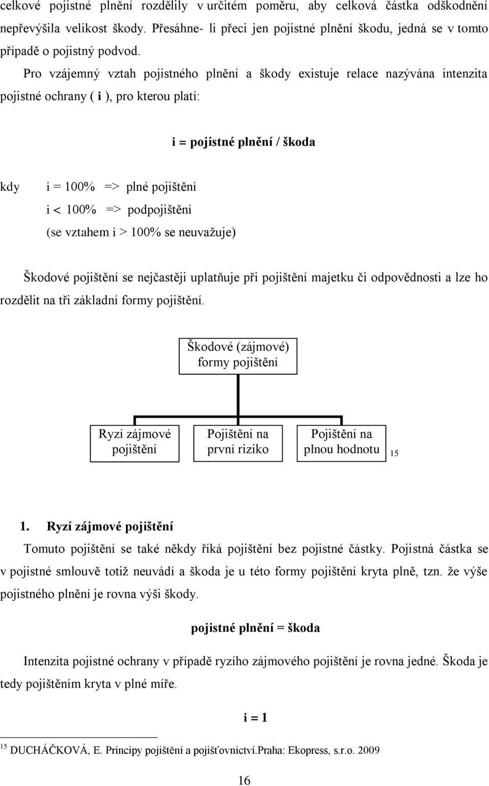 podpojištění (se vztahem i > 100% se neuvaţuje) Škodové pojištění se nejčastěji uplatňuje při pojištění majetku či odpovědnosti a lze ho rozdělit na tři základní formy pojištění.