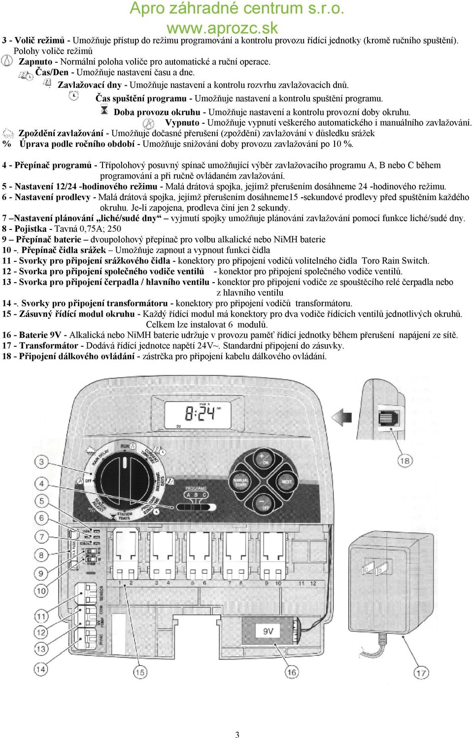 Zavlažovací dny - Umožňuje nastavení a kontrolu rozvrhu zavlažovacích dnů. Čas spuštění programu - Umožňuje nastavení a kontrolu spuštění programu.