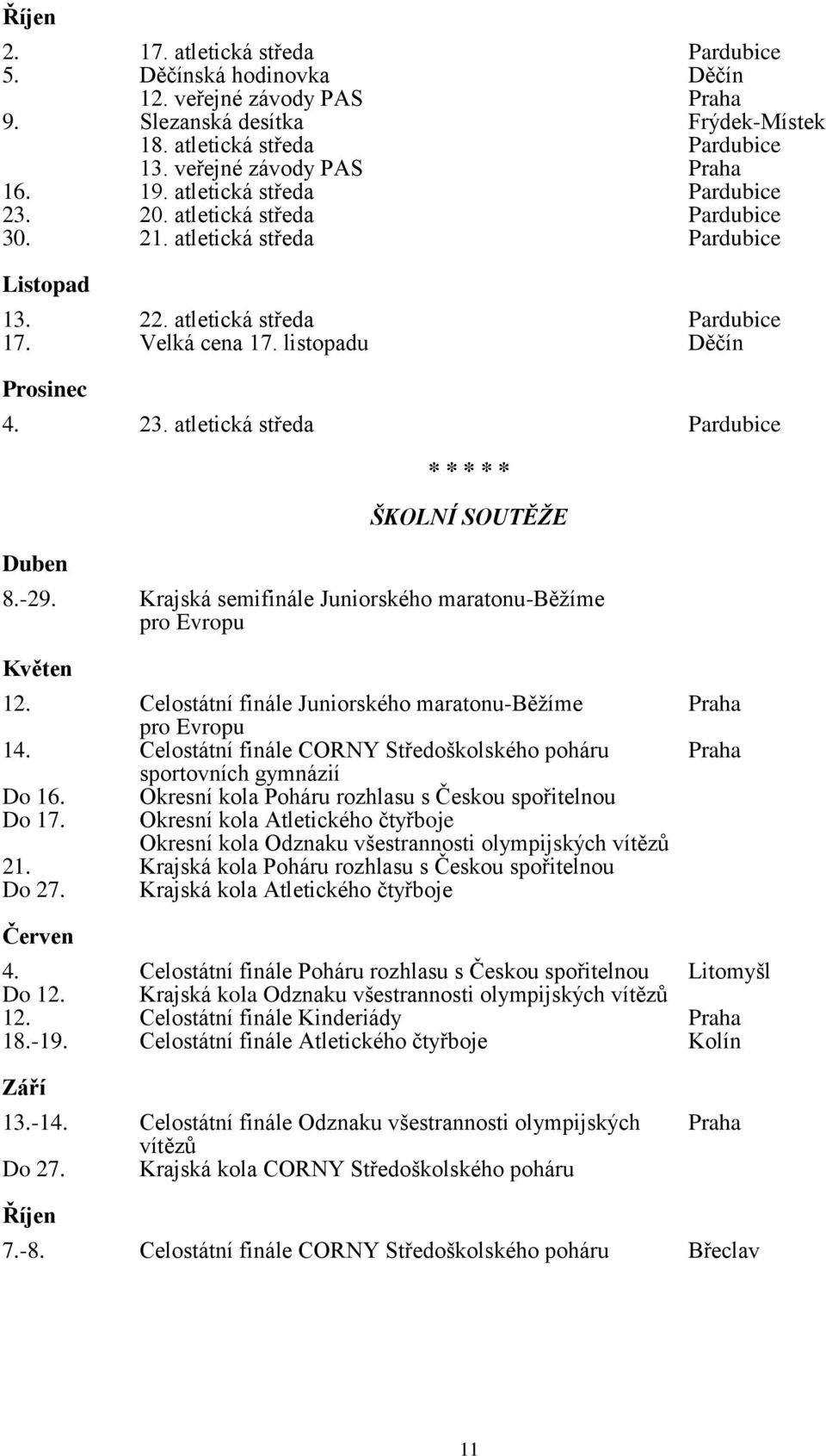 -29. Krajská semifinále Juniorského maratonu-běžíme pro Evropu Květen 12. Celostátní finále Juniorského maratonu-běžíme Praha pro Evropu 14.