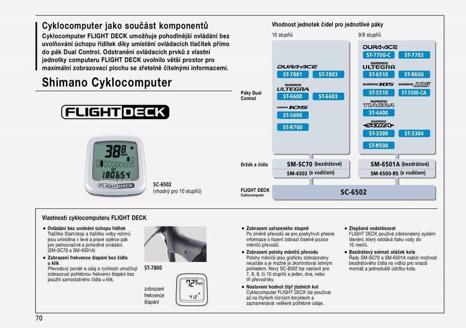 Shimano Cyklocomputer Páky Dual Control Vhodnost jednotek čidel pro jednotlivé páky 10 stupňů 9/8 stupňů ST-7700-C ST-7801 ST-7803 ST-6510 ST-6600 ST-6603 ST-5510 ST-7703 ST-R600 ST-5500-CA ST-5600