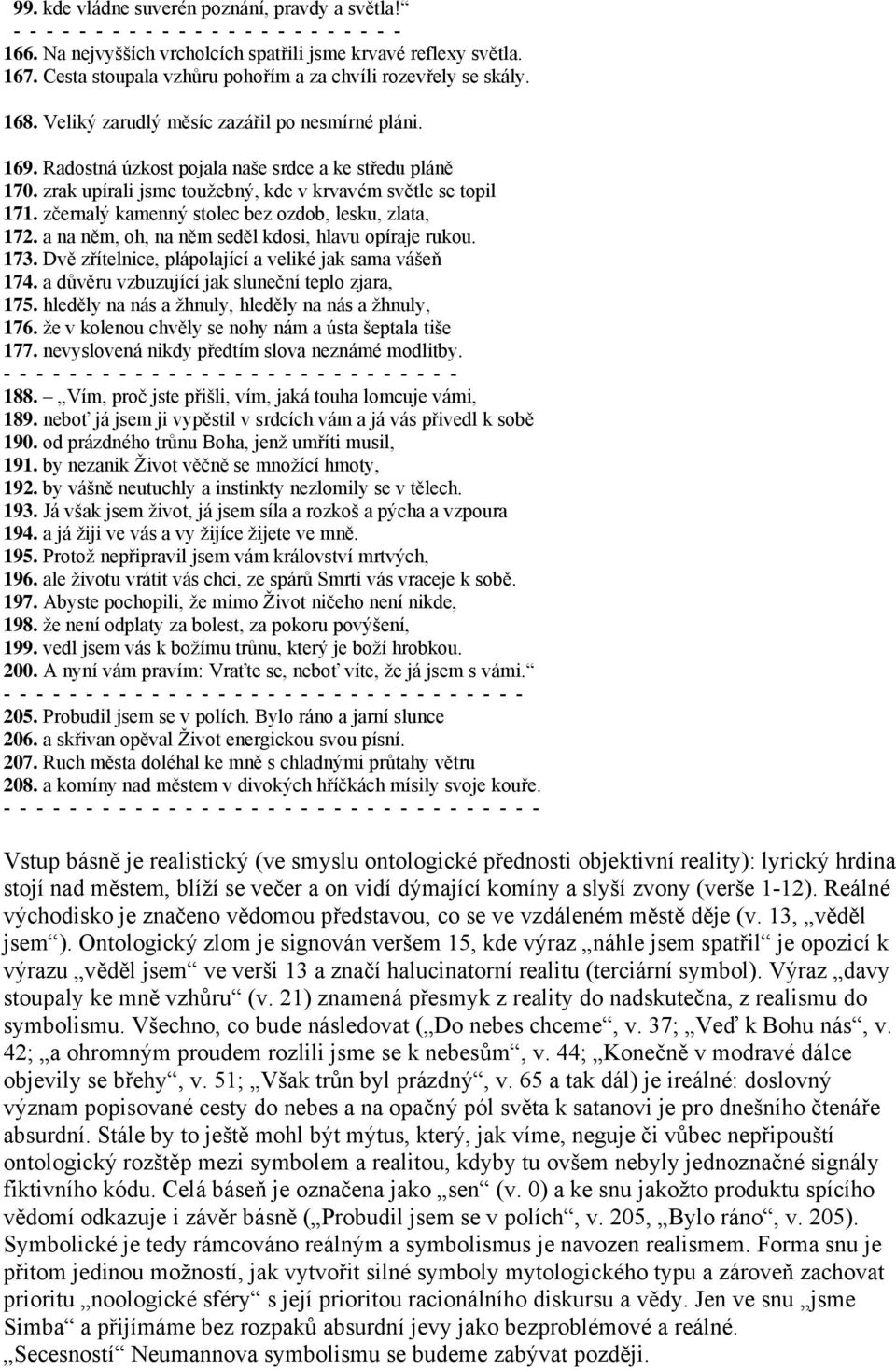 zrak upírali jsme toužebný, kde v krvavém světle se topil 171. zčernalý kamenný stolec bez ozdob, lesku, zlata, 172. ananěm, oh, na něm seděl kdosi, hlavu opíraje rukou. 173.