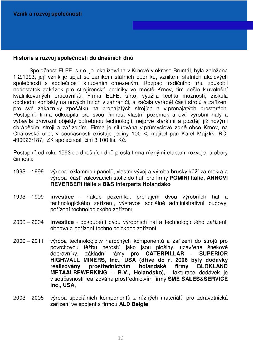 Rozpad tradičního trhu způsobil nedostatek zakázek pro strojírenské podniky ve městě Krnov, tím došlo k uvolnění kvalifikovaných pracovníků. Firma ELFE, s.r.o. využila těchto možností, získala