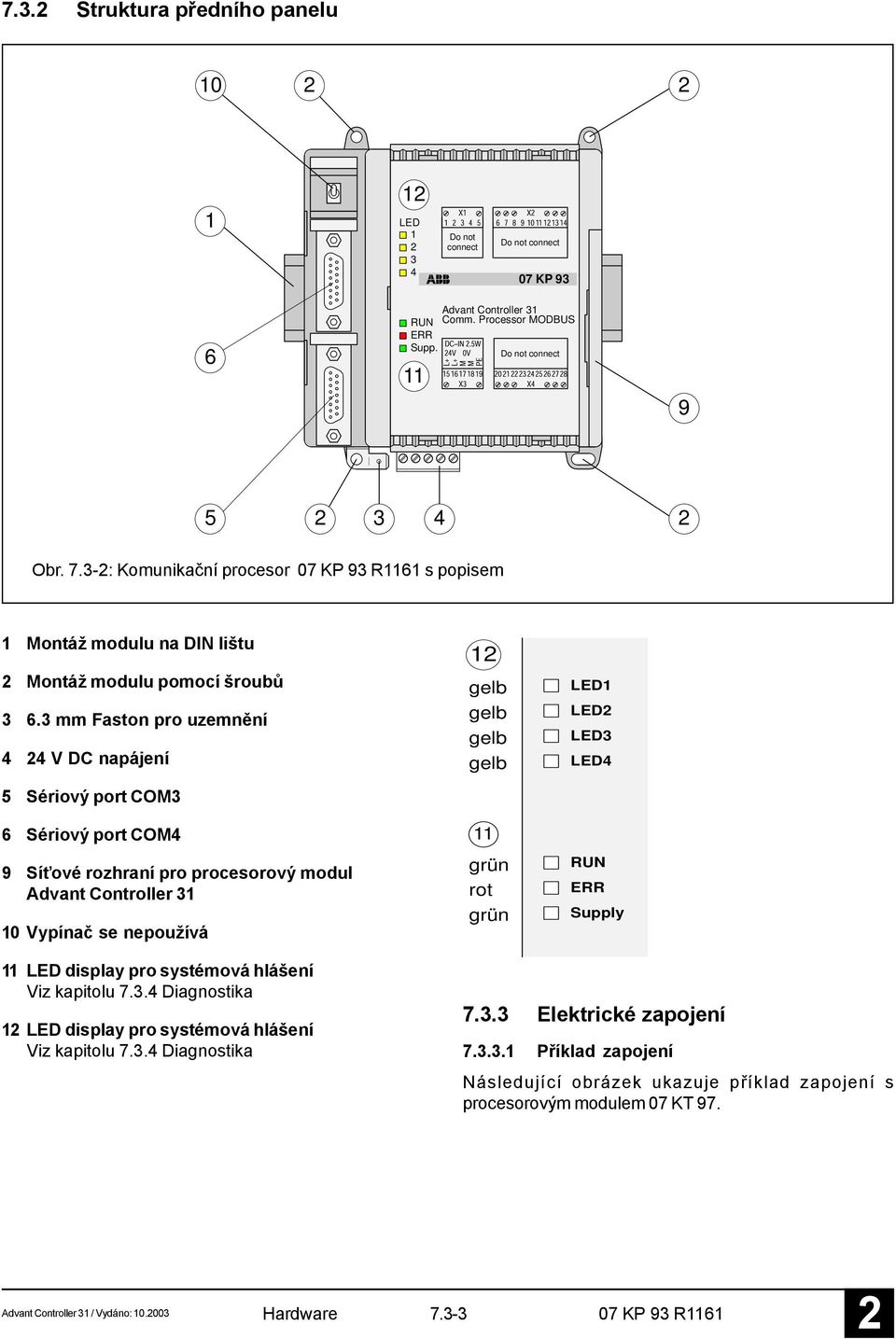 3 mm Faston pro uzemnění 4 4 V DC napájení 5 Sériový port COM3 6 Sériový port COM4 9 Síťové rozhraní pro procesorový modul Advant Controller 3 0 Vypínač se nepoužívá gelb gelb gelb gelb grün rot grün