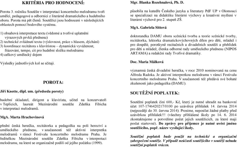 1) obsahová interpretace textu (vědomé a tvořivé uplatnění výrazových prvků přednesu) 2) technické zvládnutí textu (výslovnost, práce s hlasem, dýchání) 3) koordinace recitátora s klavíristou