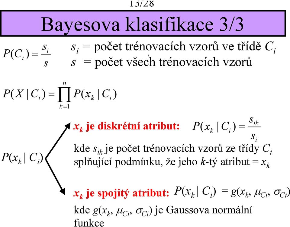 s k e počet trénovacích vzorů ze třídy C splňuící podmínku, že eho k-tý atrbut = x k x k e spotý