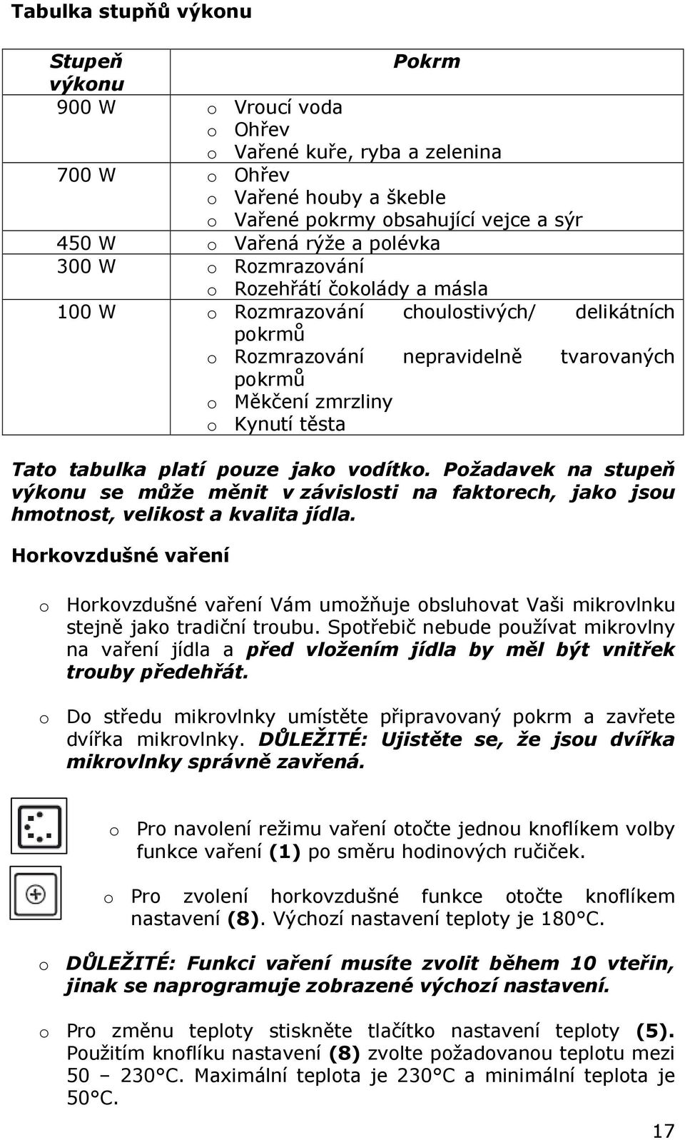 tabulka platí pouze jako vodítko. Požadavek na stupeň výkonu se může měnit v závislosti na faktorech, jako jsou hmotnost, velikost a kvalita jídla.