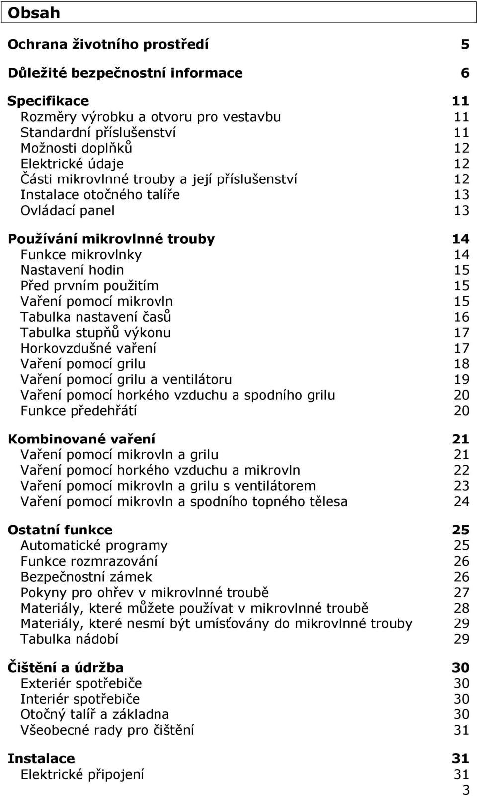 mikrovln 15 Tabulka nastavení časů 16 Tabulka stupňů výkonu 17 Horkovzdušné vaření 17 Vaření pomocí grilu 18 Vaření pomocí grilu a ventilátoru 19 Vaření pomocí horkého vzduchu a spodního grilu 20