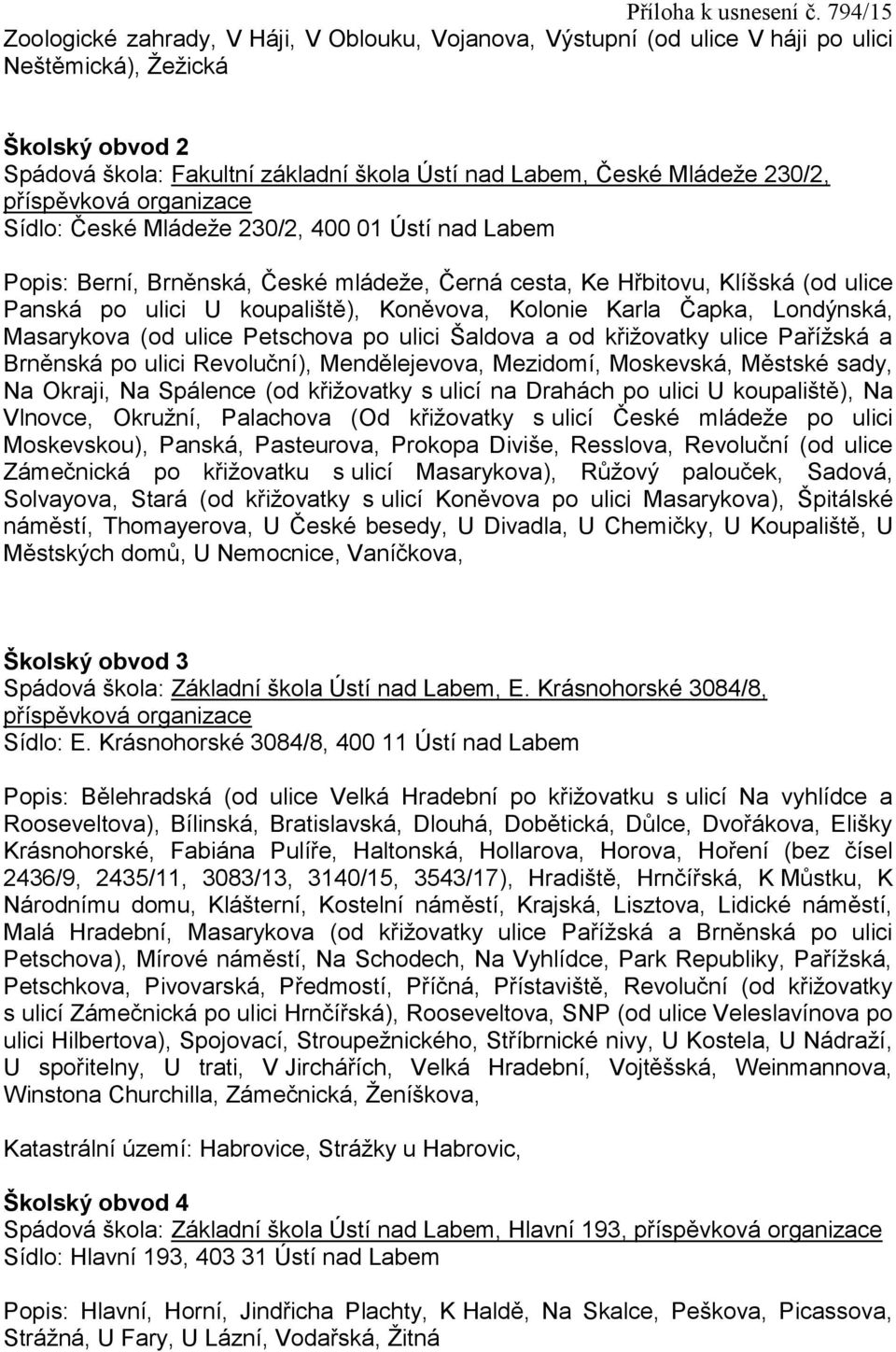 Čapka, Londýnská, Masarykova (od ulice Petschova po ulici Šaldova a od křižovatky ulice Pařížská a Brněnská po ulici Revoluční), Mendělejevova, Mezidomí, Moskevská, Městské sady, Na Okraji, Na