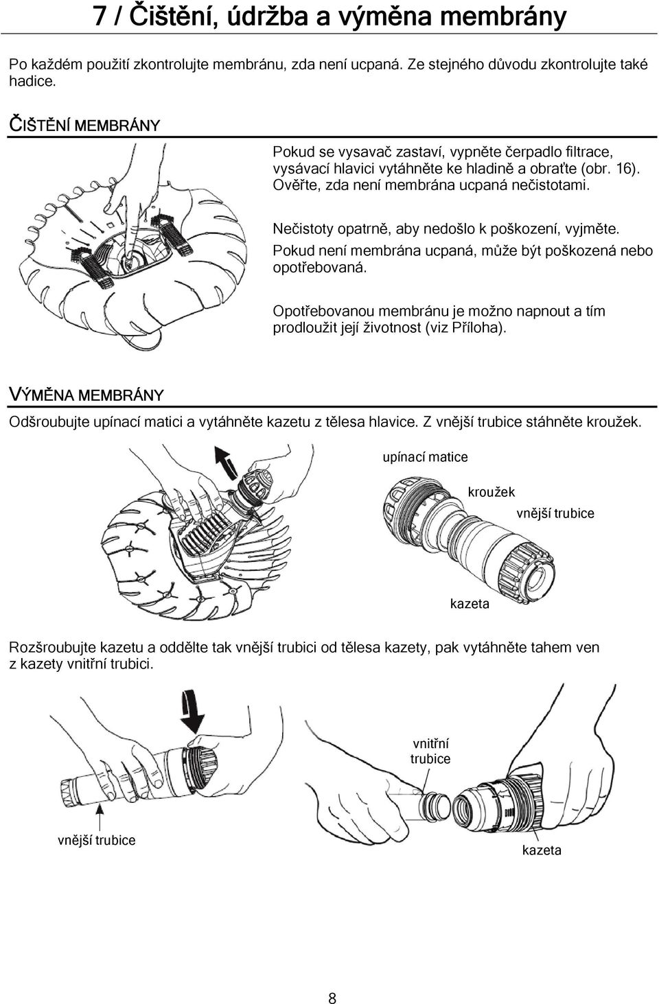 Nečistoty opatrně, aby nedošlo k poškození, vyjměte. Pokud není membrána ucpaná, může být poškozená nebo opotřebovaná.