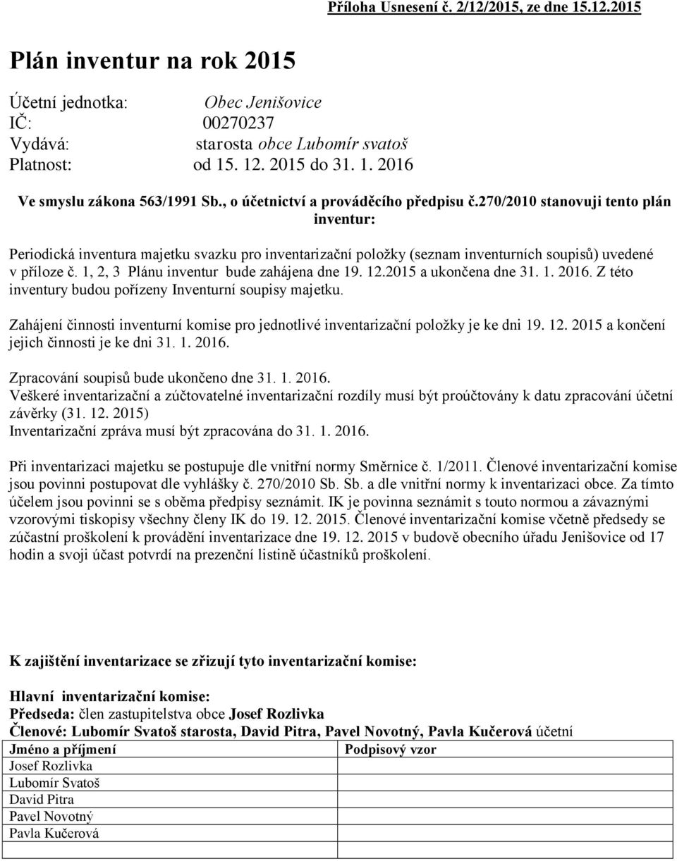 1, 2, 3 Plánu inventur bude zahájena dne 19. 12.2015 a ukončena dne 31. 1. 2016. Z této inventury budou pořízeny Inventurní soupisy majetku.