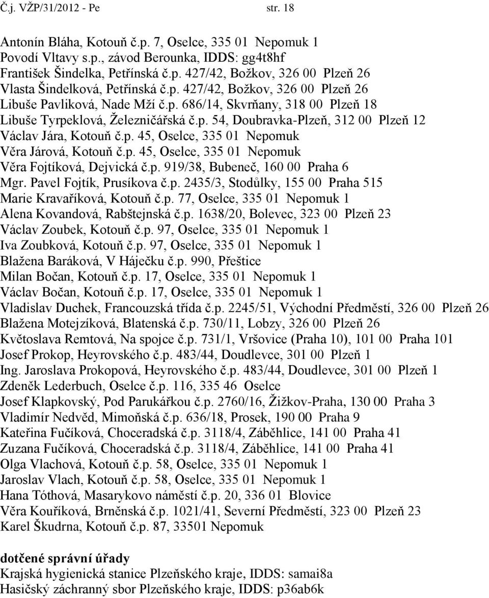 p. 45, Oselce, 335 01 Nepomuk Věra Fojtíková, Dejvická č.p. 919/38, Bubeneč, 160 00 Praha 6 Mgr. Pavel Fojtík, Prusíkova č.p. 2435/3, Stodůlky, 155 00 Praha 515 Marie Kravaříková, Kotouň č.p. 77, Oselce, 335 01 Nepomuk 1 Alena Kovandová, Rabštejnská č.